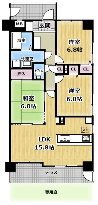 グランプレステージ明石西Ⅱ　1階の間取り|３LDKです。
