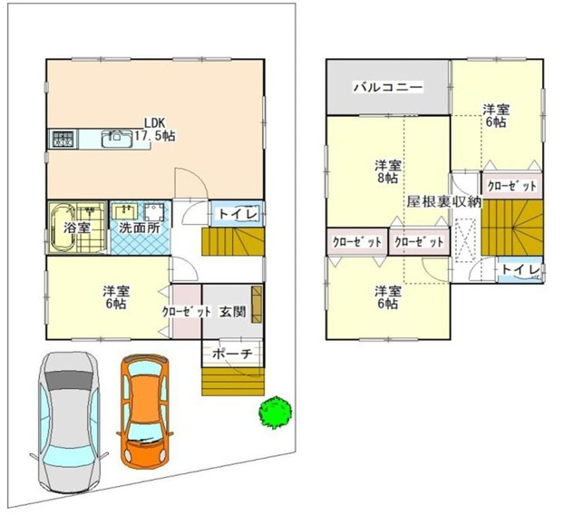 日下町2丁目中古戸建の間取り|全室2面採光の明るいお部屋ばかりで、全居室6帖以上の振分タイプの使いやすい間取り♪