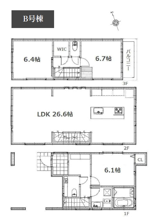 中野区中央2丁目　利便性×機能性　建物36坪超～　限定3棟の間取り|B号棟　3LDK+WIC+ビルトイン車庫　敷地面積 67.93ｍ2　建物面積 121.64ｍ2