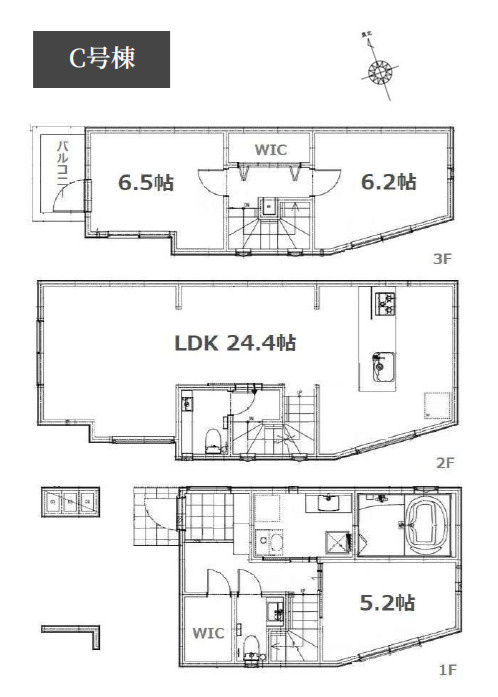 中野区中央2丁目　利便性×機能性　建物36坪超～　限定3棟の間取り|C号棟　3LDK+2WIC+ビルトイン車庫　敷地面積 73.17ｍ2　建物面積 119.84ｍ2