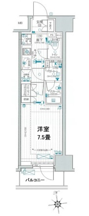 デュオステージ蒲田の間取り|南向きバルコニーの1K洋室7.5帖バストイレ別独立洗面台！