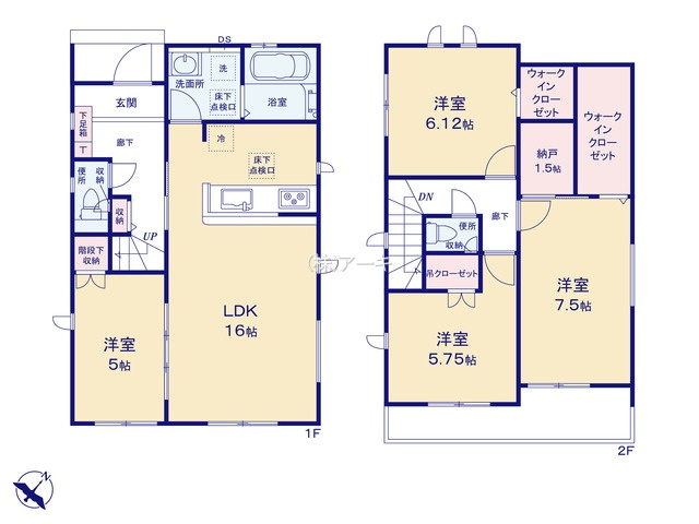 碧南市日進町4丁目22番『仲介手数料無料』新築一戸建て・建売の間取り|　1号棟　1F:LDK16帖に隣接する洋室5帖　CL設置！ホール収納♪2F:主寝室7.5帖　WIC設置・納戸1.5帖設置！洋室6.12帖　WIC設置！洋室5.75帖　CL設置♪南面バルコニー♪