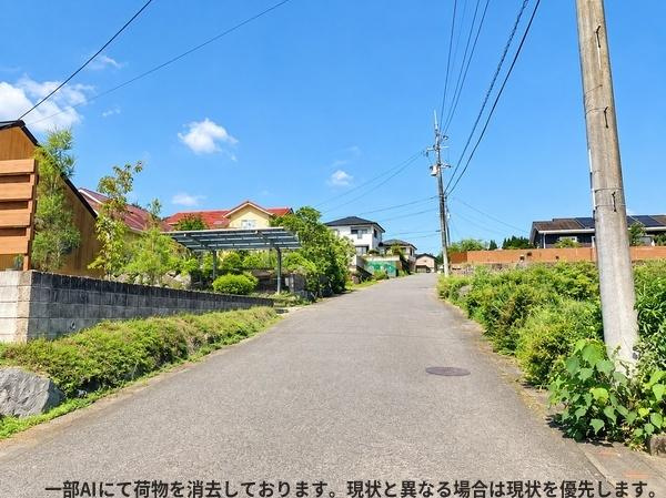 三重町　戸建ての前面道路含む現地写真|前面道路はゆとりのある幅員で車両の行き来もスムーズに行えます。周囲は緑が多く開放感を感じられる環境です。晴れた日には青空が広がり心地よい雰囲気です。