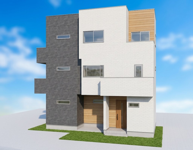 【外観パース】 | 三芳町藤久保　新築一戸建住宅　全1棟　(ふじみ野店) | スタイリッシュな3階建て住宅。街並みに映える外観デザインが魅力です。
