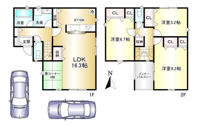 橿原市川西町第３　全１棟の間取り|3LDK＋畳コーナー　土地面積：98.24ｍ2　建物面積：100.03ｍ2　駐車２台可