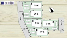 八王子市犬目町 ３期の間取り|全５区画のゆとりある敷地配置図です。それぞれの住戸にカースペースがあり、お隣との距離も配慮された設計です。分譲地内の道路は通り抜けが少なく、お子様と一緒の歩行や、ご近所とのお付き合いも安心です。