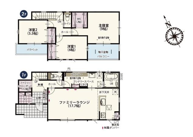クライン古河市諸川第1期　新築一戸建ての間取り|季節や天候を気にすることなく干せる広々ランドリースペース♪