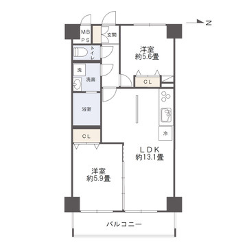 エバーライフ筥松第1の間取り|2LDK。※図面訂正中（洗面室の防水パンと洗面台の配置が、実際には逆になります）