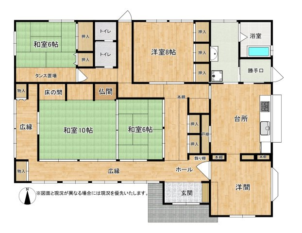 売中古戸建　菊川市下内田の間取り|和室を中心に、ゆとりある暮らしがイメージしやすい間取りです。