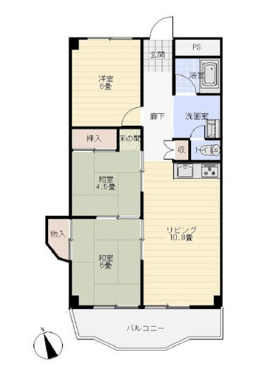 「海の風を感じるお部屋」高知市種崎　千松グリーンハイツ5階　中古マンションの間取り|さまざまな家族構成のご家庭に使い勝手がよい間取り◎