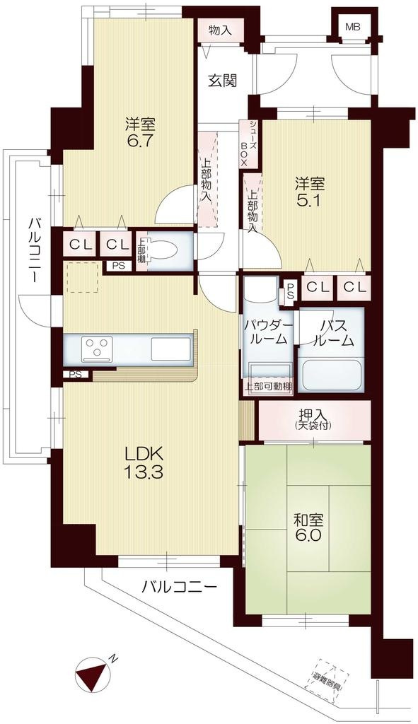 グランプレステージ明石魚住駅前　6階の間取り|3LDKです。
