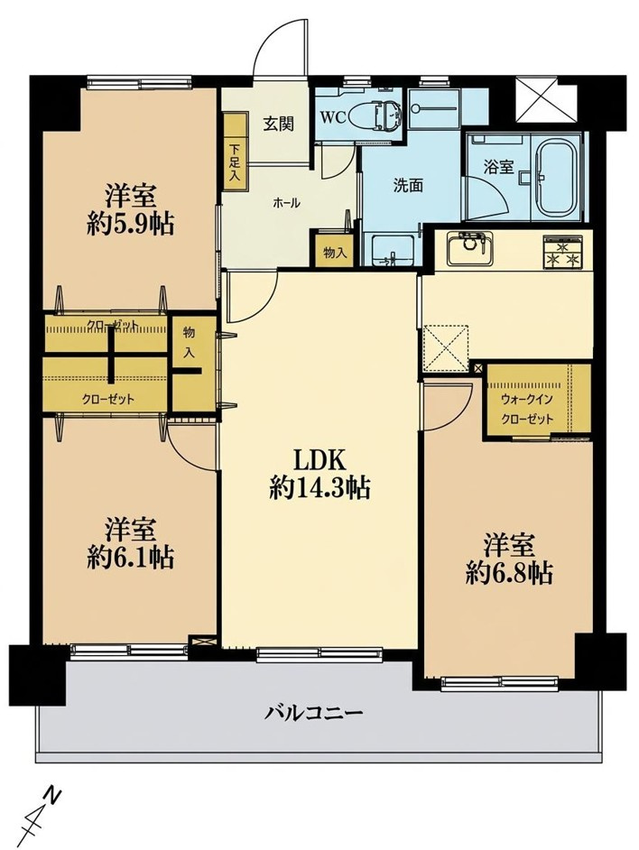ユーハイム日佐リベックスの間取り|3LDK+W、価格2780万円、専有面積74.12㎡、バルコニー面積11.67㎡ 
