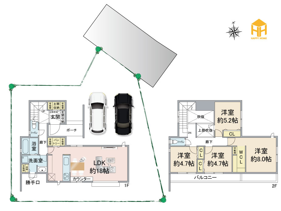 Hapikurutown京都府向日市上植野町山ノ下建築条件付き土地の参考プラン|建物プラン例
建物価格　2500万円、建物面積107.23㎡