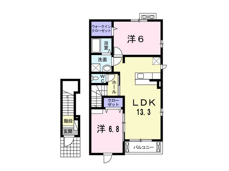 プラシードつくばＡの間取り|LDK13.3帖、洋室2部屋の2LDKです