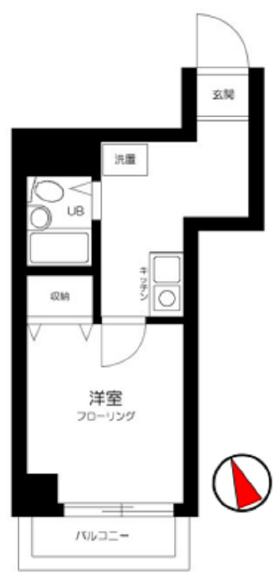 クレッセント大森の間取り|南向きバルコニーの1K