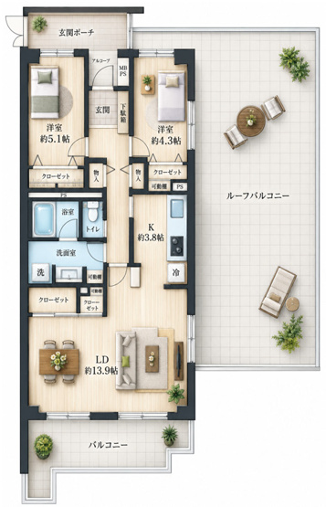 【間取り】 | コスモ登戸リバービュー　ひろ～いルーフバルコニー/登戸駅4分/3駅2沿線利用可