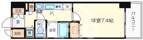 プレサンス心斎橋リベルタの間取り|プレサンス心斎橋リベルタ　7.4帖の間取り