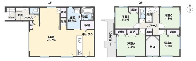福岡市南区曰佐3丁目第3-2棟（1号棟）の間取り|全居室収納付きで便利です。