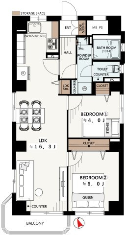 第一上板橋サンライトマンションAH棟の間取り|2LDK57.57㎡
各居室に収納スペースを確保してあります
