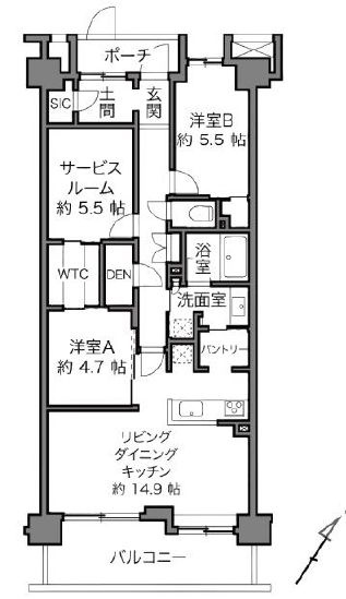 オーベルグランディオベイフロントの間取り|３部屋＋WIC＋SIC＋土間収納＋DEN＋パントリー。６階部分・南東向きにつきまして日当たり・通風・眺望良好。2023年6月にフルリノベーションをしたお部屋ですので室内は大変きれいな状態です。