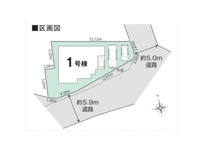 【土地図】 | 平町新築戸建 | 図面の数字は敷地の各辺の長さ（m）、太線は道路に接する部分です。建物の配置や駐車スペースの目安がわかります。方位や隣地との関係は現地でご案内します。※図面と現況が異なる場合は現況優先。