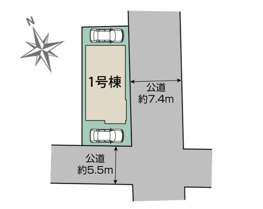 ブルーミングガーデン宇都宮市八千代2丁目の区画図|敷地面積：114.97㎡　接道：東側7.4ｍ(公道)、南側5.5ｍ(公道)の角地