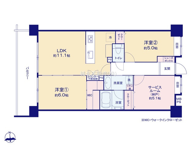 ライオンズヴィアーレ練馬春日町の間取り|専有面積60.90㎡ 2LDK+S WICやカウンター下収納など収納豊富な間取りです