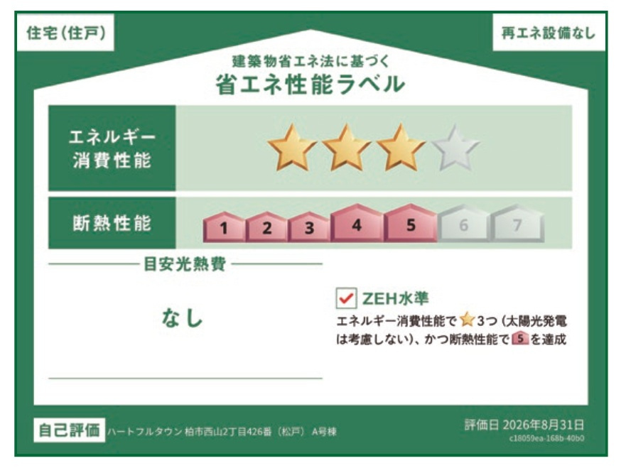 柏市西山２丁目新築戸建【酒井根西小学校：3分】の省エネ性能ラベル|省エネ性能ラベル・ZEH水準
