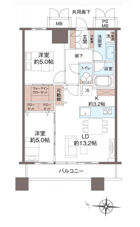 グランドミッドタワーズ大宮フォレストタワーの間取り|【グランドミッドタワーズ大宮フォレストタワー】・2LDK・専有面積61.42m2・バルコニー面積7.96m2