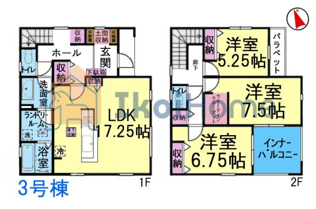 明石市二見町福里全7棟　3号棟　新築戸建の間取り|●年中無休：当日予約可●急な雨でも安心のインナーバルコニー！WIC他収納豊富な間取り♪