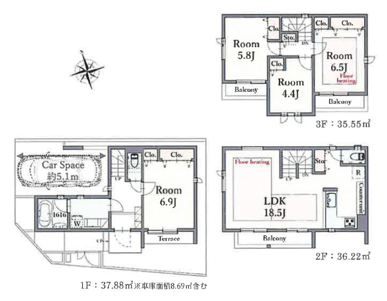 板橋区高島平3丁目　自然豊かな住環境　ZEH水準省エネ住宅　全11棟の間取り|G号棟　4LDK+ビルトイン車庫　建物面積 109.65ｍ2(車庫部分 8.69ｍ2含む)