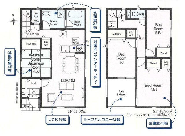 新築　太田市市場町第7　クレイドルガーデン　1号棟の間取り|建物面積96.39㎡　ウォークインクローゼット・各部屋収納付きで便利です！インナーバルコニーなので突然の雨でもお洗濯物も安心です♪
