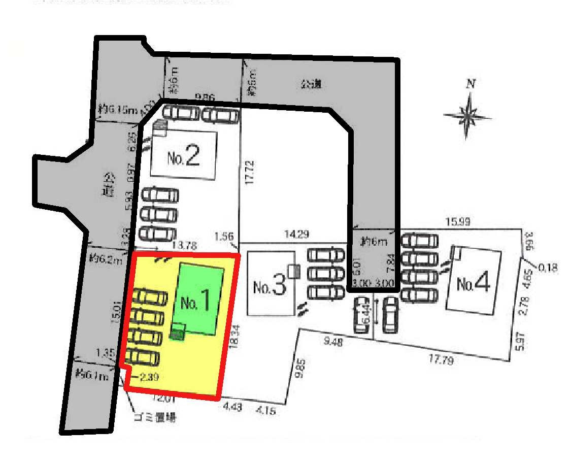 新築　太田市市場町第7　クレイドルガーデン　1号棟の区画図|1号棟　区画図　西側接道幅員約6.1ｍ
	
