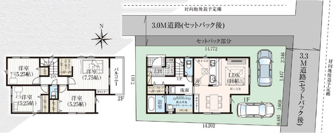 【間取り】 | 高崎市昭和町　GRAFARE | 角地を活かした開放的な敷地に、並列駐車可能なゆとりの駐車スペースを確保。16帖のLDKや脱衣・ランドリースペースなど家事効率を高める工夫が満載で、各洋室やWICなど収納力も充実した4LDKです。