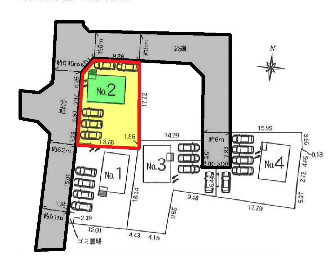 新築　太田市市場町第7　クレイドルガーデン　2号棟の区画図|2号棟　区画図　西側接道幅員約6.1ｍ　北側接道幅員約6ｍ
	
