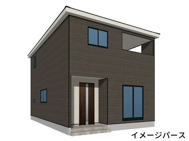 クレイドルガーデン防府市新田 第9の完成予想図|1号棟
ダークグレーを基調とした外壁に片流れ屋根を組み合わせた木造2階建の外観デザイン。正面には玄関ドアと縦長窓を配置し、敷地内には並列で乗用車3台分の駐車スペースを確保しています。