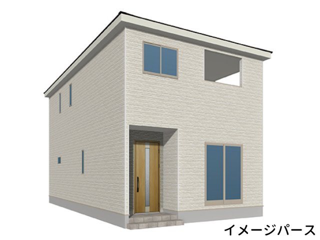 クレイドルガーデン防府市新田 第9の完成予想図|2号棟
ホワイトとダークグレーの2色で貼り分けた外壁に切妻屋根を組み合わせた木造2階建。2階部分にバルコニーを配し、敷地内には並列を含めて乗用車3台分の駐車スペースを設けています。