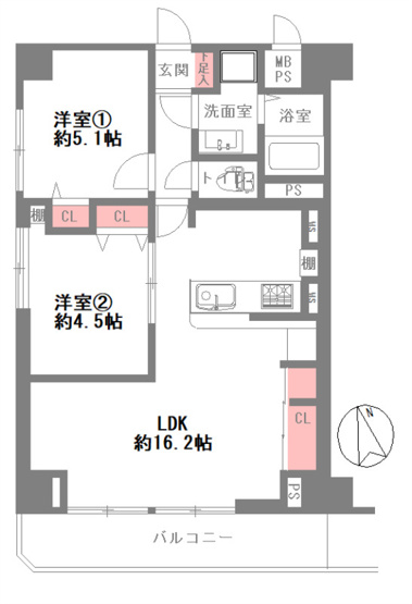 【間取り】 | 朝日プラザ高津第1 | 南西角住戸☆【全洋室2LDK＋南向きバルコニー☆】室内全面リフォーム済み☆安心の新調設備保証付き☆食洗機・浄水器・浴室乾燥機完備☆レースカーテン付きです☆