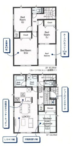 新築　太田市市場町第7　クレイドルガーデン　3号棟の間取り|建物面積97.60㎡　シューズインクローク・ウォークインクローゼット・各部屋収納付きで便利です！インナーバルコニーなので突然の雨でもお洗濯物も安心です♪

