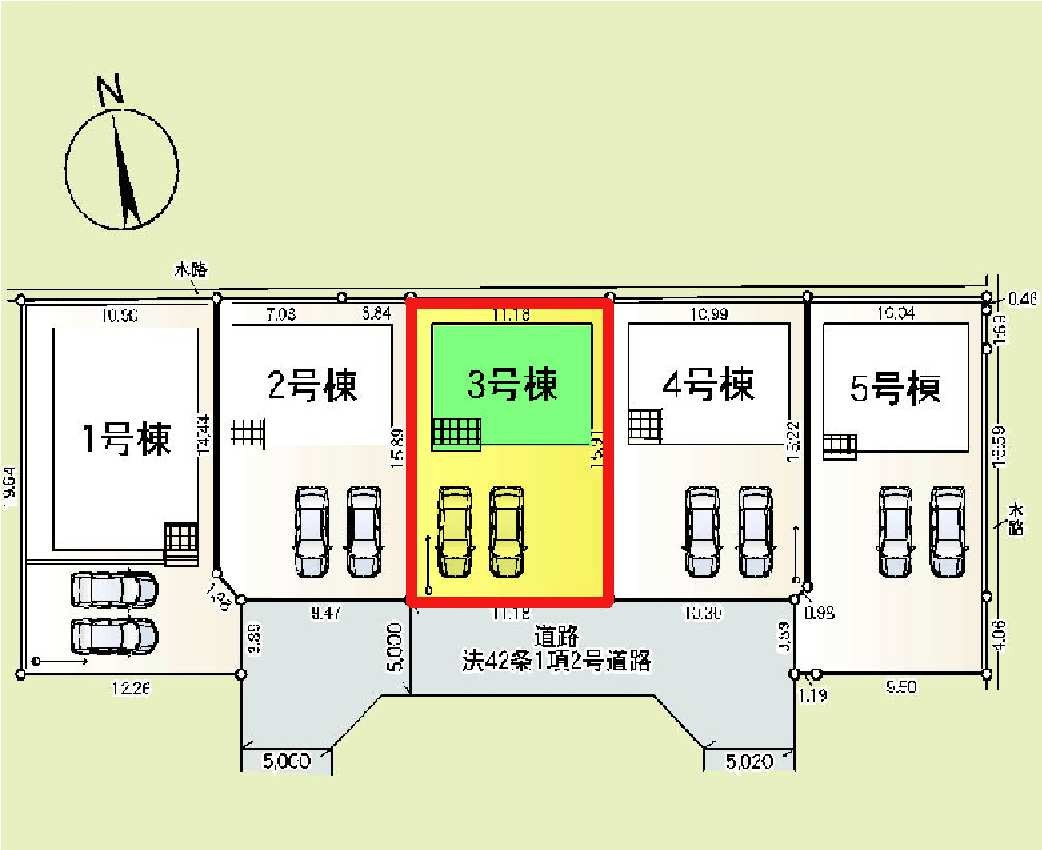 新築　太田市由良町第6　クレイドルガーデン　3号棟の区画図|3号棟　区画図　南側接道幅員約5ｍ			
	
