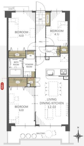 朝日マンション川越の間取り|3LDK 専有面積61.02㎡ バルコニー面積7.64㎡のお部屋です。生活動線を考慮した機能的な間取り設計となっており、ご家族全員がストレスなく快適にお住まいいただける住空間です。