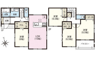 【間取り】 | 佐伯区坪井1（楽々園駅）全3区画　NO1【外構工事込】 | 1階にファミリークローゼット、2階にウォークインクローゼットを備えた収納豊富な4LDK。全居室に2面以上の採光を確保した、独立性の高い間取り設計です。各階にトイレが配置されています。