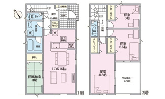 【間取り】 | 東広島市八本松飯田5丁目【JR八本松駅】（全4棟）No3 | 16帖のLDKに隣接する4帖の洋風和室を備えた4LDK。全居室にクローゼットや押入を設けた収納豊富な設計です。2階各部屋に独立性があり、プライベート空間も快適に保てます。