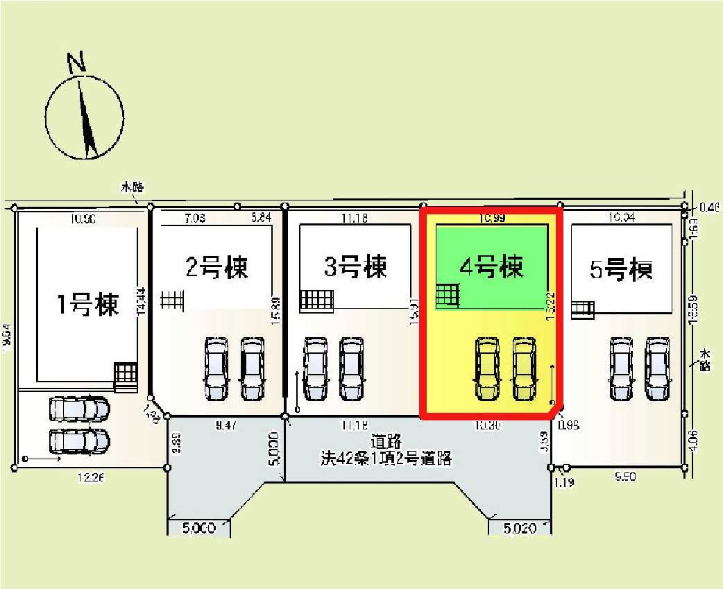新築　太田市由良町第6　クレイドルガーデン　4号棟の区画図|4号棟　区画図　南側接道幅員約5ｍ			
	
