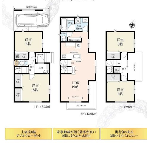 板橋区常盤台1丁目 全2棟 2号棟の間取り|多面開口で明るく快適なリビング
ＬＤＫ+水回りを配した生活しやすい間取り
建物面積に車庫部分9.93㎡含む