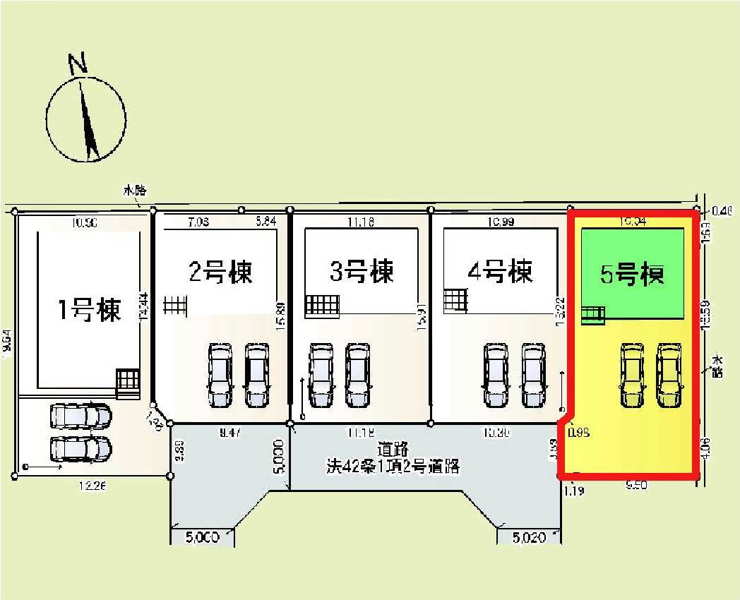 新築　太田市由良町第6　クレイドルガーデン　5号棟の区画図|5号棟　区画図　西側接道幅員約5ｍ			
	
