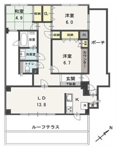 コート芦屋朝日ヶ丘一号棟の間取り|角住戸ならではの三面採光！陽のあたる時間が長く、冬でも暖かいです
