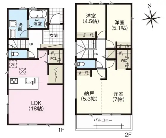 港区本宮町2丁目新築一戸建の間取り|【間取図】3LDK＋FCL＋パントリー＋WIC。1階LDK18帖にファミリークローゼットとパントリー、2階は洋室3室＋納戸5.3帖＋WIC。並列2台駐車可能。