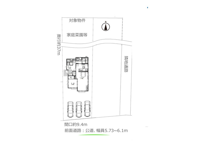 【土地図】 | 日連字坊ヶ畑売地 | 図面の数字は各辺の長さ（m）、太線は道路に接する部分です。間口と奥行き、接道方向から建物の配置や駐車計画の目安がつかめます。高低差は現地でご案内します。※図面と現況が異なる場合は現況優先。
