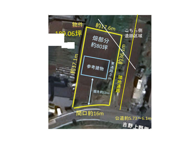 【土地図】 | 日連字坊ヶ畑売地 | 土地の形状・寸法・接道を示した図です。現況と異なる場合は現況を優先します。高低差や日当たり、境界標の位置、周辺環境は現地でご確認いただけます。見学・資料請求はお気軽にお問い合わせください。